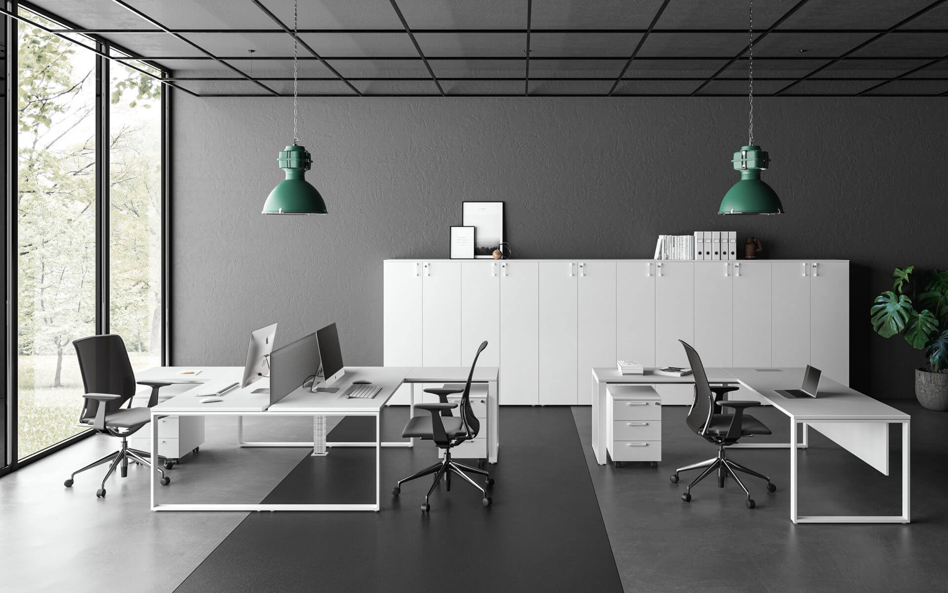Rendering di ufficio con mobili bianchi e contorni nero antracite