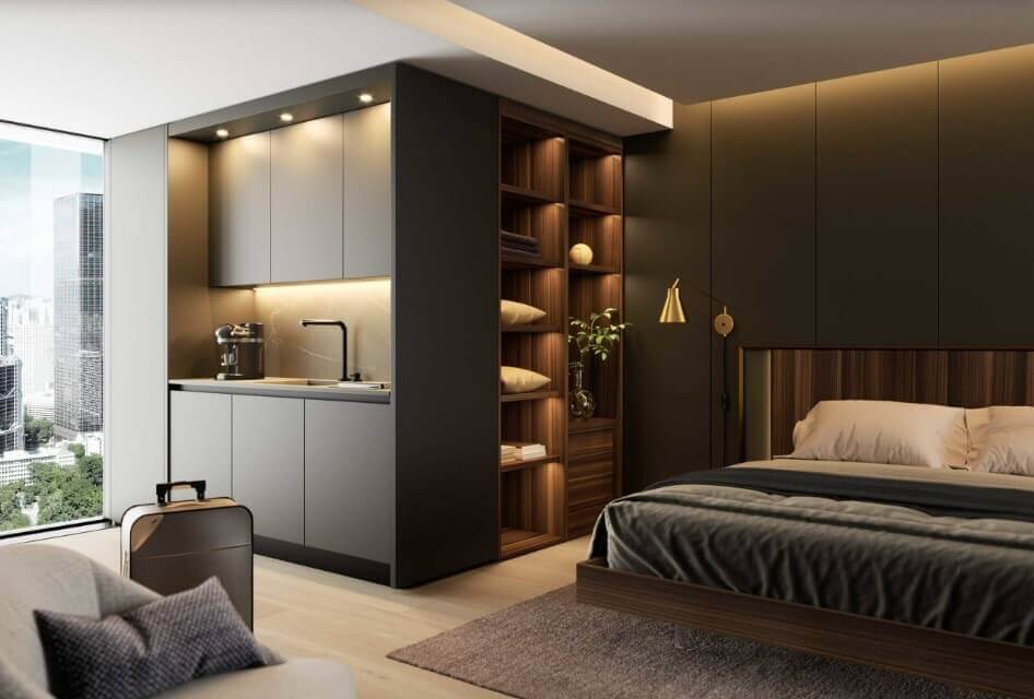 Monolocale arredato con finiture di design, una cucina e una stanza da letto nella stessa stanza