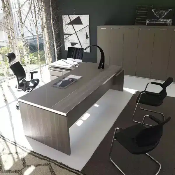 Ambiente di lavoro raffinato con un grande tavolo che poggia su un tappeto bianco
