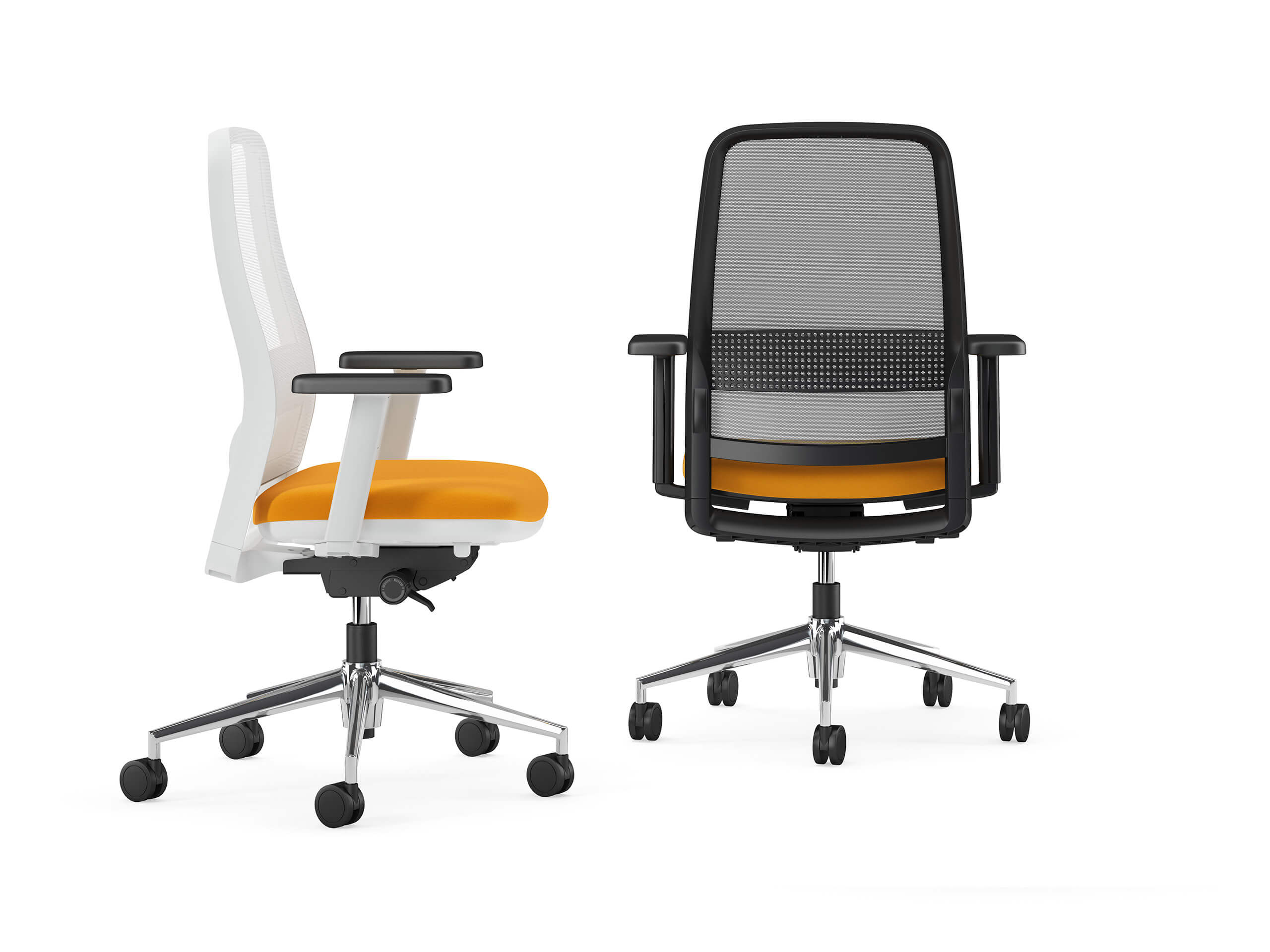 2 sedie con seduta arancione schienale bianco o nero e gambe in alluminio con rotelle
