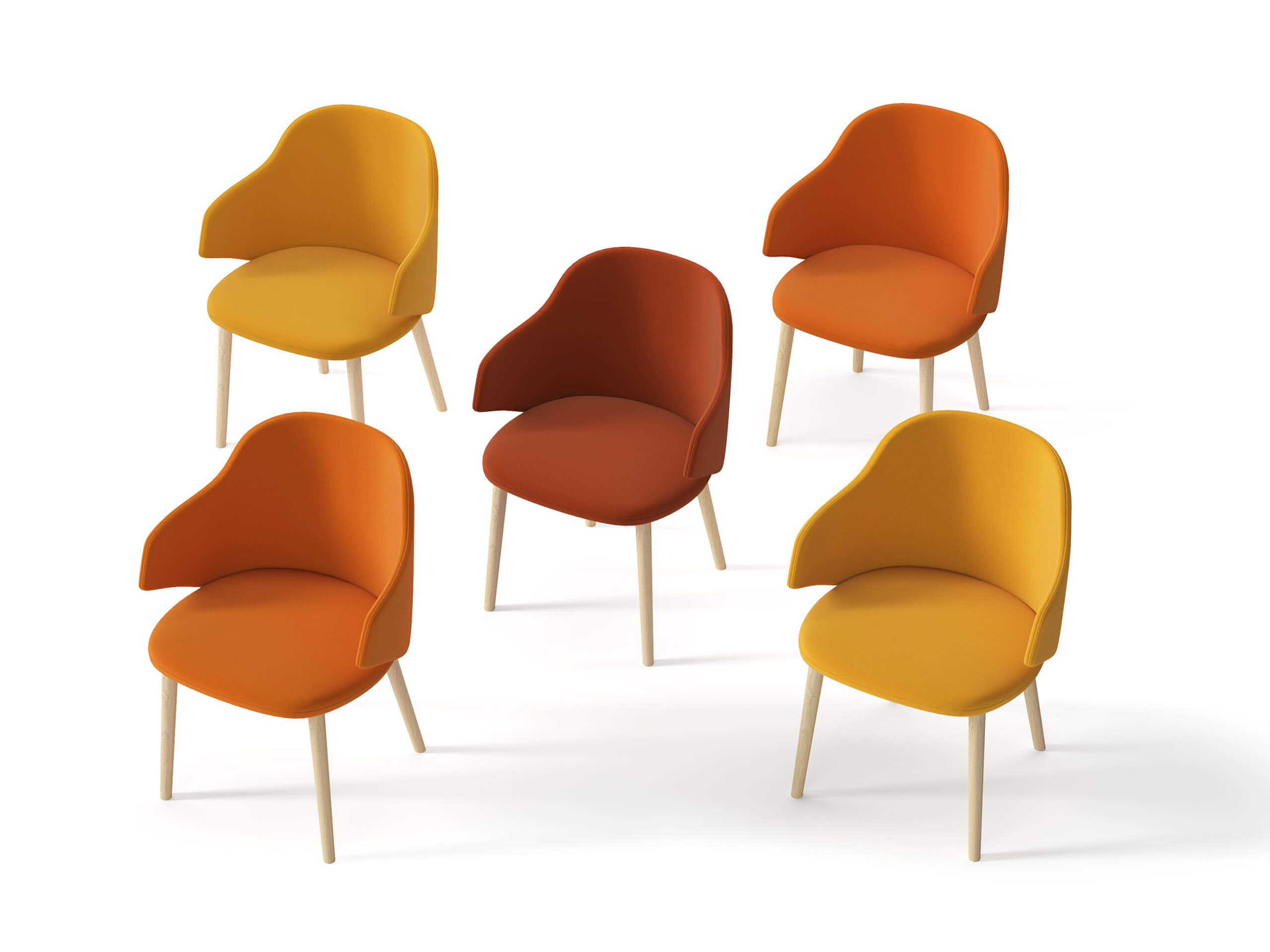 5 sedie con colori sfumati dal giallo all'arancione